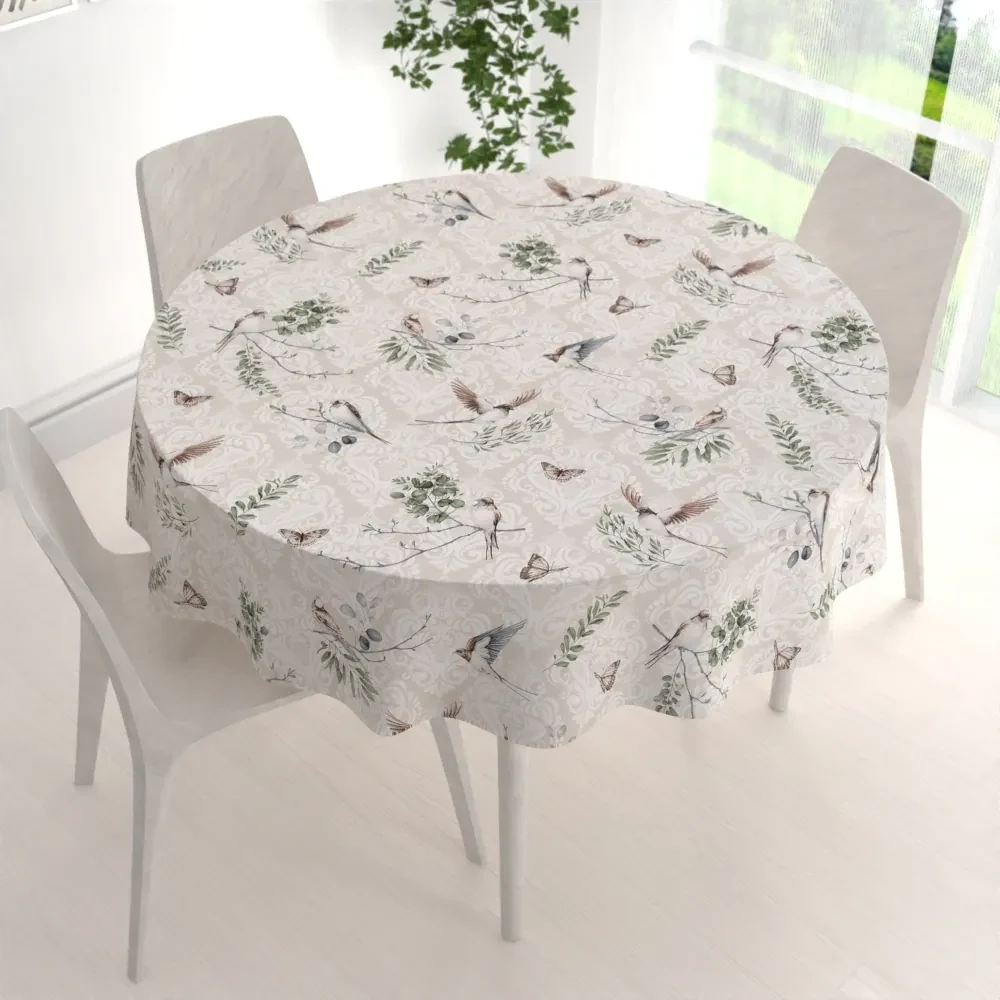 Biante Bavlnený okrúhly obrus Sandra SA-490 Lastovičky s motýlikmi na béžovom ornamente Ø 70 cm