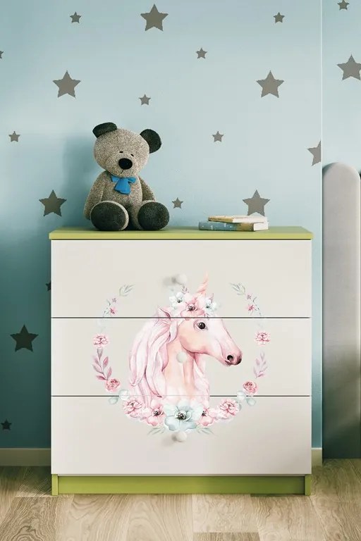 Detská komoda BABYDREAMS Jednorožec zelená