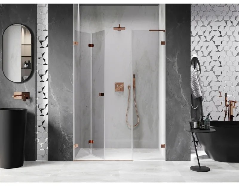 Mexen Lunar-F, L skladacie ľavé sprchové dvere 110 cm, 8mm číre sklo, ružové zlato profil, 836SL-110-050-60-00-L