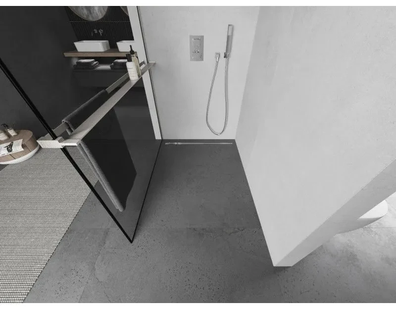 Mexen Kioto+ L, sprchová zástena Walk-In s poličkou a vešiakom 70 x 200 cm, 8mm číre sklo čierny vzor, brúsená oceľ profil, 800-070-123-97-70