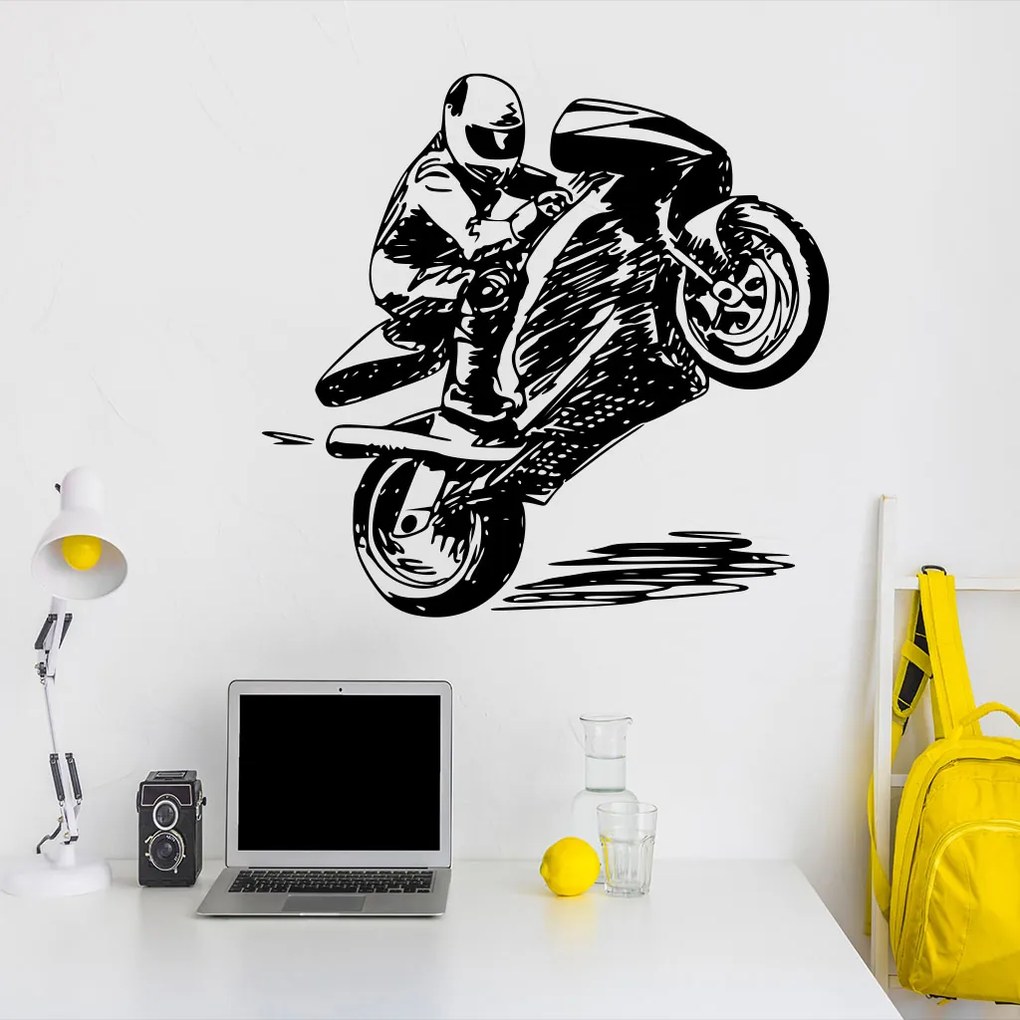 Veselá Stena Samolepka Kreslený motorkár Farba: oranžová, Veľkosť: 80 x 77 cm