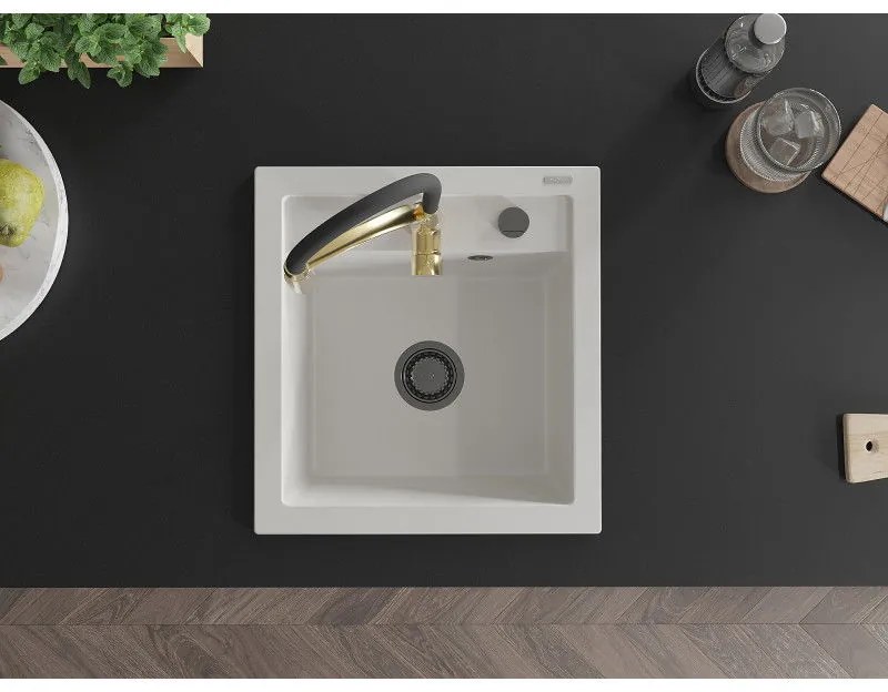 Mexen Vito, 1-komorový granitový drez 490x520x210 mm a drezová batéria Aster, biela, 6503-20-73450-57-B