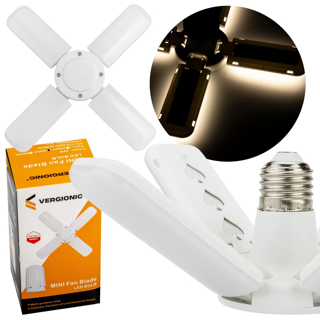 Vergionic 7204 Štvorramenná skladacia LED žiarovka 28 W, E27, 6500K, studená biela