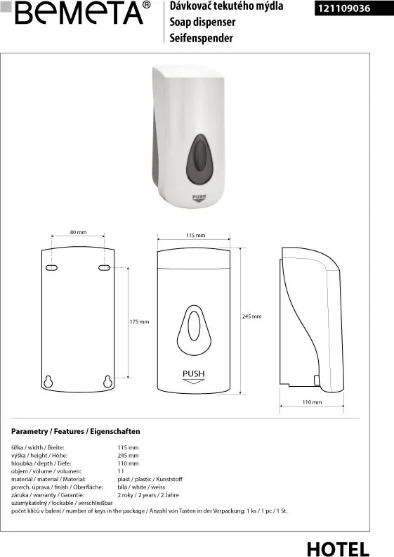 Bemeta Design Dávkovač mydla, 1000 ml, plast, biela - 121109036