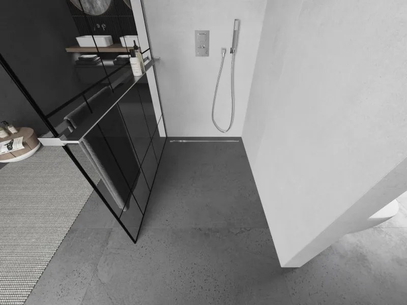 Mexen Kioto+ L, sprchová zástena Walk-In s poličkou a vešiakom 90 x 200 cm, 8mm číre sklo čierny vzor, chrómový profil, 800-090-123-01-78