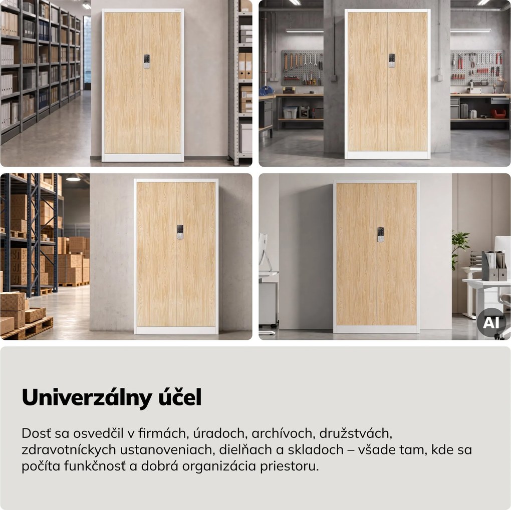 Kovová kancelárska skriňa so zámkom na kód biela, dub sonoma, 900x1850x400 mm: DANIEL Eco Design