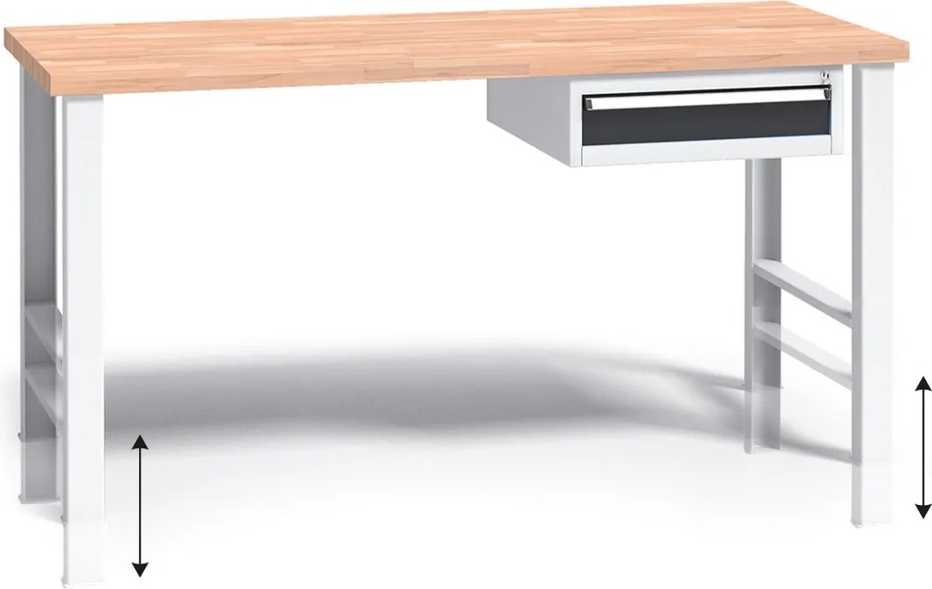 Výškovo nastaviteľný pracovný stôl do dielne G3 so závesným boxom na náradie, buková škárovka, 1 zásuvka, 1500 x 685 x 840 - 1050 mm, grafit