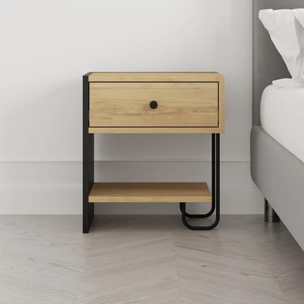 Čierny/v prírodnej farbe nočný stolík v dekore duba s poličkami Saturne – Marckeric