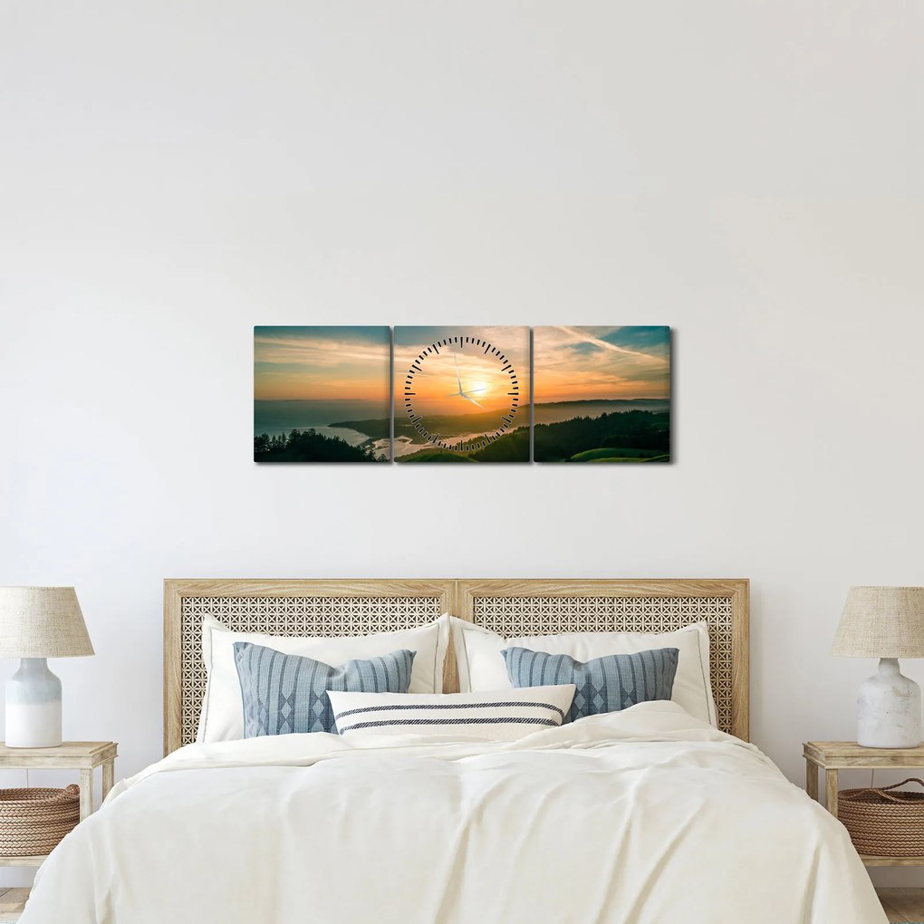Obraz východu slnka nad morom (s hodinami) (90x30 cm)