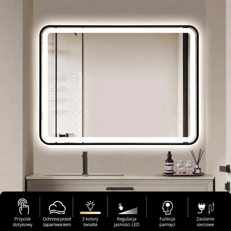 Erga Sari, LED zrkadlo v čiernom ráme s vyhrievaním a dotykovým ovládaním, 80 × 60 cm, čierna matná, ERG-YKA-MR.SARI-BLK-60X80