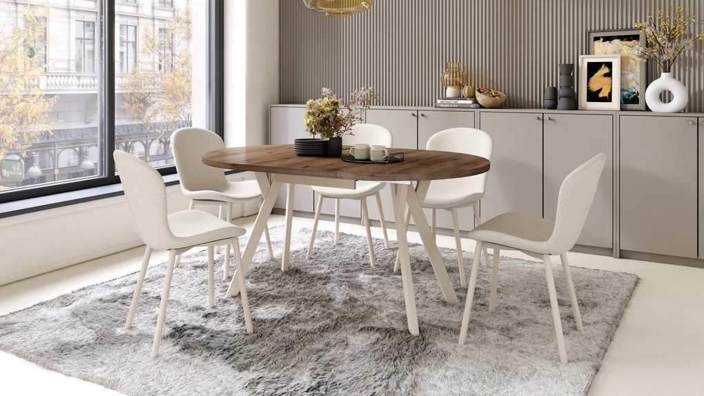 ALMO Elegantný orech/béžové nohy - OKRÚHLY LOFTOVÝ/INDUSTRIÁLNY ROZKLADACÍ STÔL DO OBÝVAČKY/JEDÁLNE