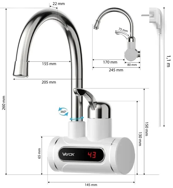 Prietokový ohrievač vody s LED displejom 3000W/230V IPX4 biela