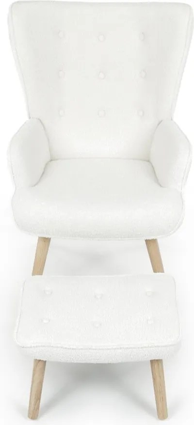 Relaxačné kreslo ušiak ROMEO II + taburet — masívne drevo, látka bouclé, prírodná / biela