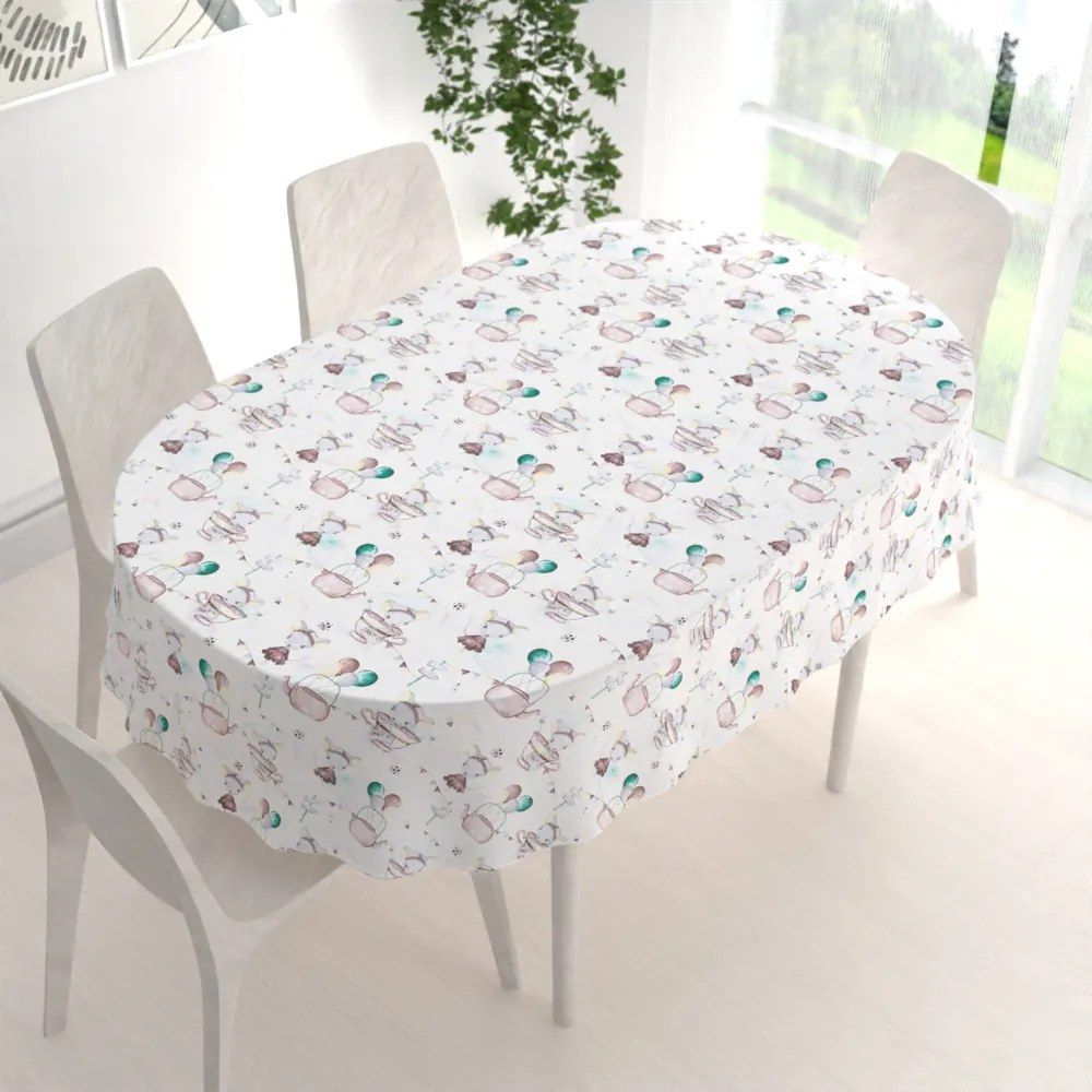 Biante Detský bavlnený oválny obrus Sandra SA-372 Myšky a konvičky na bielom 140x220 cm