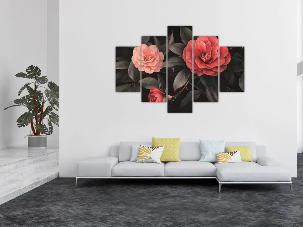 Obraz - Červené kvety na tmavom pozadí (150x105 cm)
