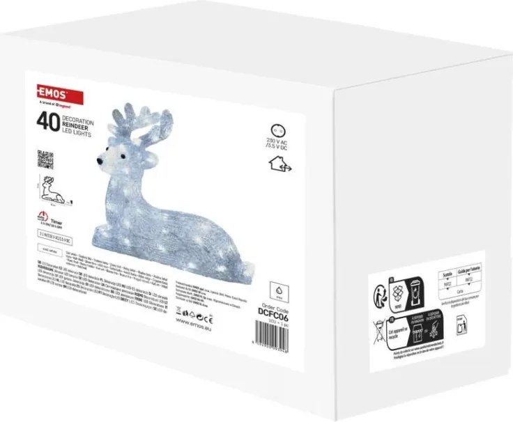 EMOS DCFC06 vianočná dekorácia - jelenček 40 LED V27cm 2,1W studená biela, IP44, časovač, adaptér