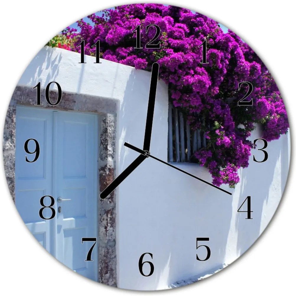 Sklenené hodiny okrúhle  kvetinový dom