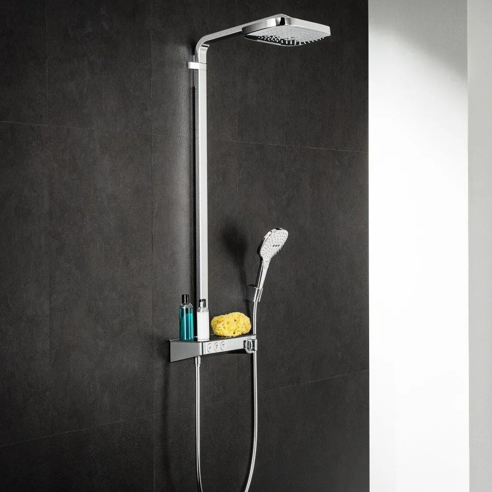 HANSGROHE Raindance Select E Showerpipe nástenný sprchový systém s termostatom ShowerTablet Select 300, horná sprcha 3jet 318 x 190 mm, ručná sprcha 3jet, chróm, 27127000