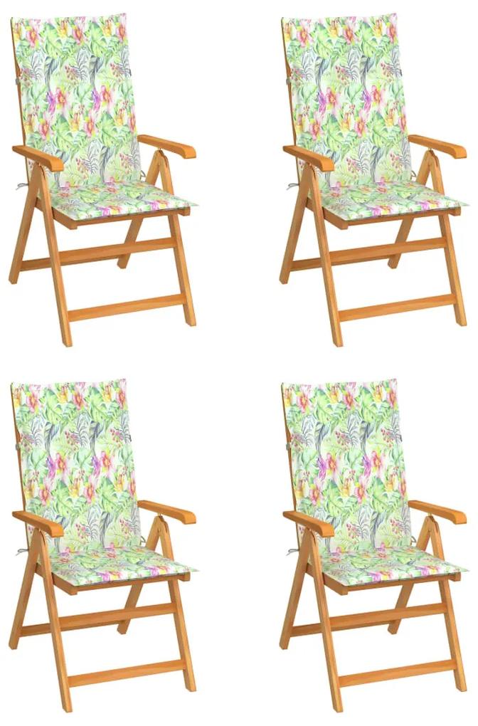 Záhradné stoličky 4 ks s podložkami so vzorom listov tíkový masív
