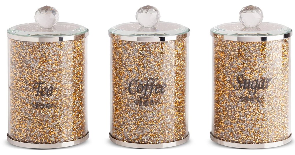 SADA 3KS NÁDOB NA ČAJ, CUKOR A KÁVU POKRYTÁ KRIŠTAĽIKMI 10x10x17 CM ZLATÁ/STRIEBORNÁ