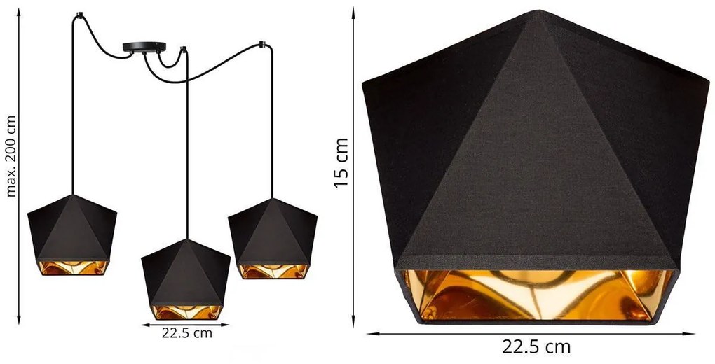 Závesné svietidlo DIAMOND GOLD SPIDER, 3x čierne/zlaté textilné tienidlo