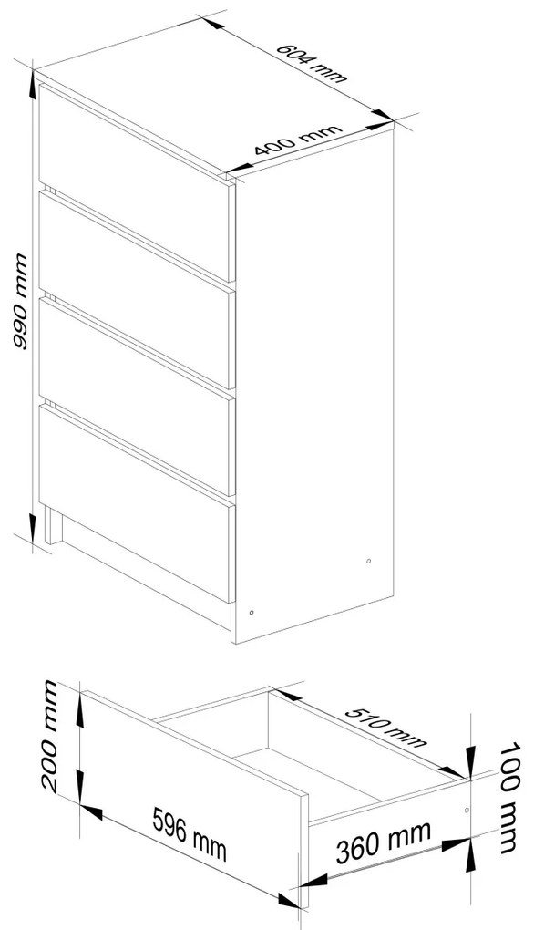 Komoda Kuba 60 cm - 4 zásuvky biela/čierna