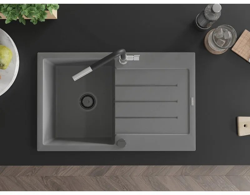 Mexen Bruno, 1-komorový granitový drez 795x495x200 mm a drezová batéria Flora, šedá, 6513-71-670401-07-B