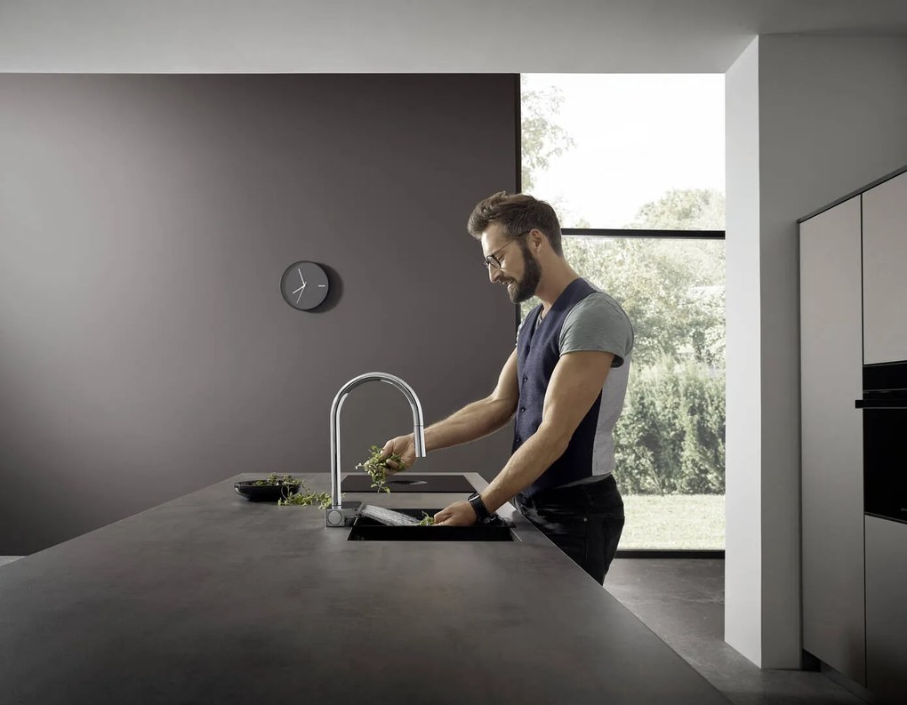 Hansgrohe M81, drezová batéria Aquno Select s výsuvnou koncovkou a plochým sprchovým prúdom, chrómová, HAN-73837000