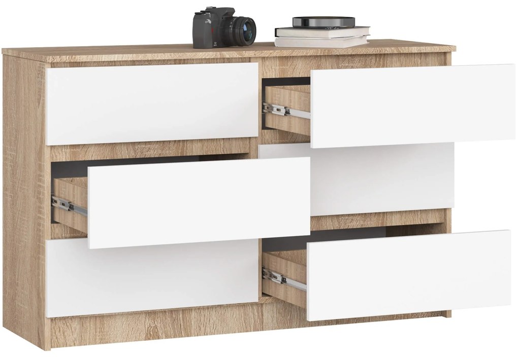 Komoda Kuba 120 cm 6 zásuviek dub sonoma/biela
