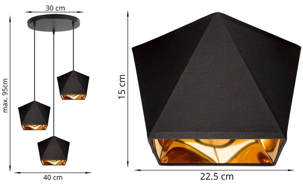 Závesné svietidlo Diamond Gold, 3x čierne/zlaté textilné tienidlo, o