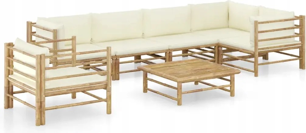 vidaXL 7-dielna záhradná sedacia súprava s krémovobielymi podložkami bambus