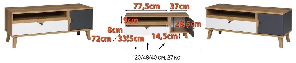 Tv stolík Mimone RTV (dub zlatý + biela matná + grafit). Akcia -16%. Vlastná spoľahlivá doprava až k Vám domov. 1051787
