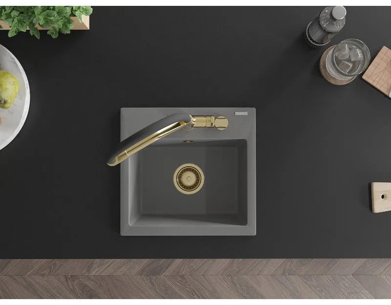 Mexen Milo, granitový drez 435x410x171 mm, 1-komorový a drezová batéria Duo, šedá, 6505-71-671701-57-G