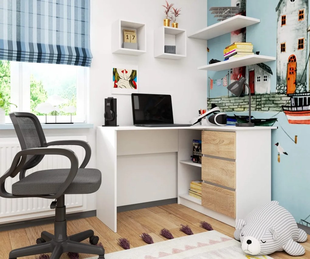 Rohový písací stôl B16 124 cm biely/dub sonoma pravý