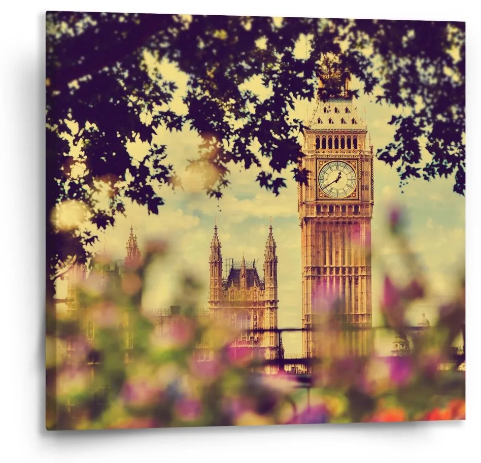 Sablio Obraz Londýn Big Ben Flowers - 110x110 cm