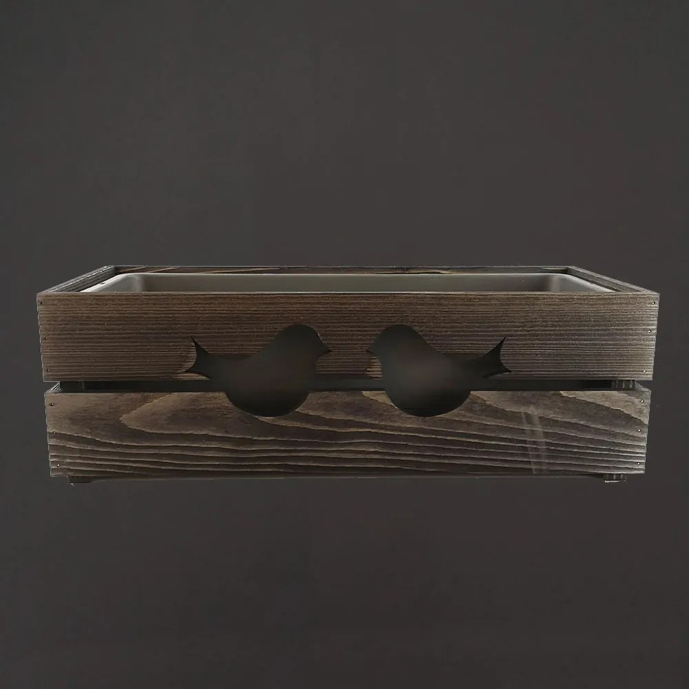 AMADEA Drevený obal na kvetináč tmavý s vtáčikmi, 52x21,5x17cm, český výrobok