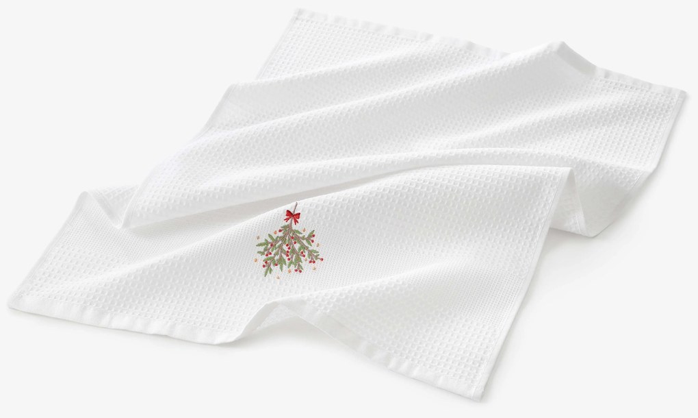 Goldea vianočná kuchynská vaflová utierka s výšivkou - imelo na bielom 50 x 70 cm