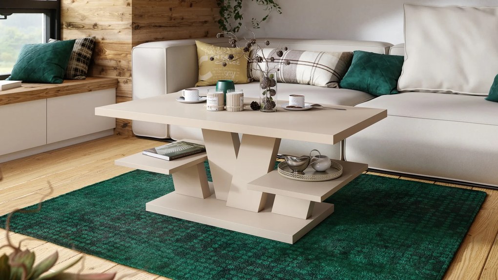 Mazzoni VIVA MAT Béžová [Super Mat / Anti-fingerprint] - MODERNÝ KONFERENČNÝ STOLÍK S POLIČKAMI KAŠMÍR