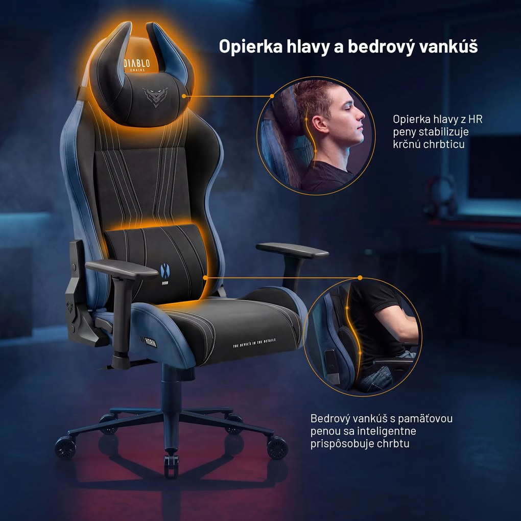 Herné kreslo z textílie Normal Size, čierny-modrý: Diablo X-Horn 2.0 Night Blue