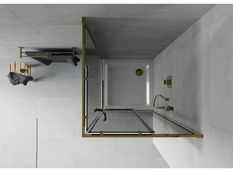 Mexen Rio, štvorcový sprchovací kút s posuvnými dverami 70(dvere) x 70(dvere) x 190 cm, 6mm šedé sklo, zlatý profil + biela sprchová vanička SLIM, 860-070-070-50-40-4010G