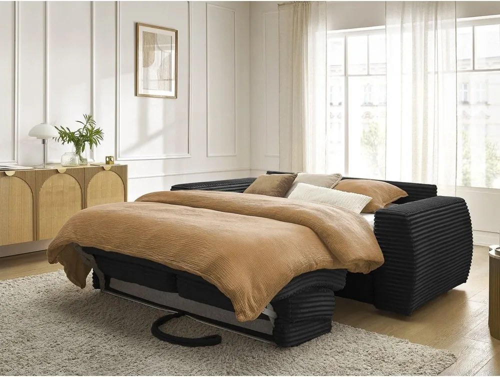 Čierna menčestrová pohovka na každodenné spanie/rozkladacia 240 cm Hugo – Bobochic Paris