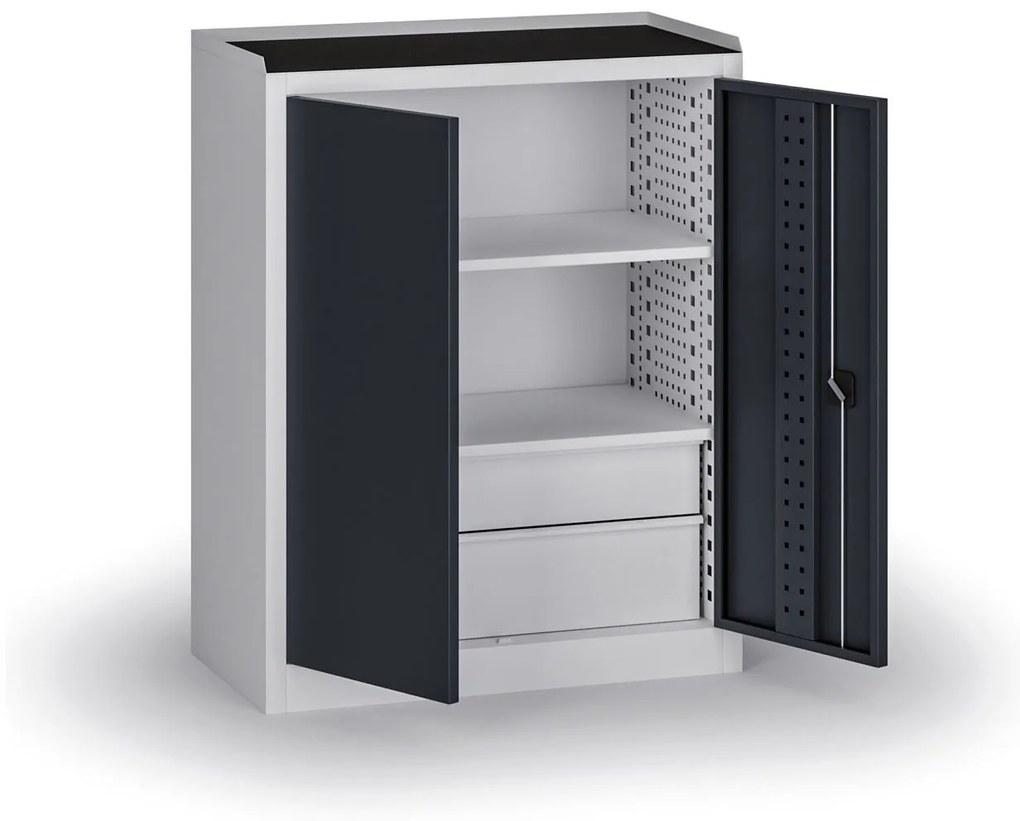 Policová dielenská skriňa 2-dverová, 2 police + 4 zásuvky, 1180 × 950 × 500 mm, grafitové dvere
