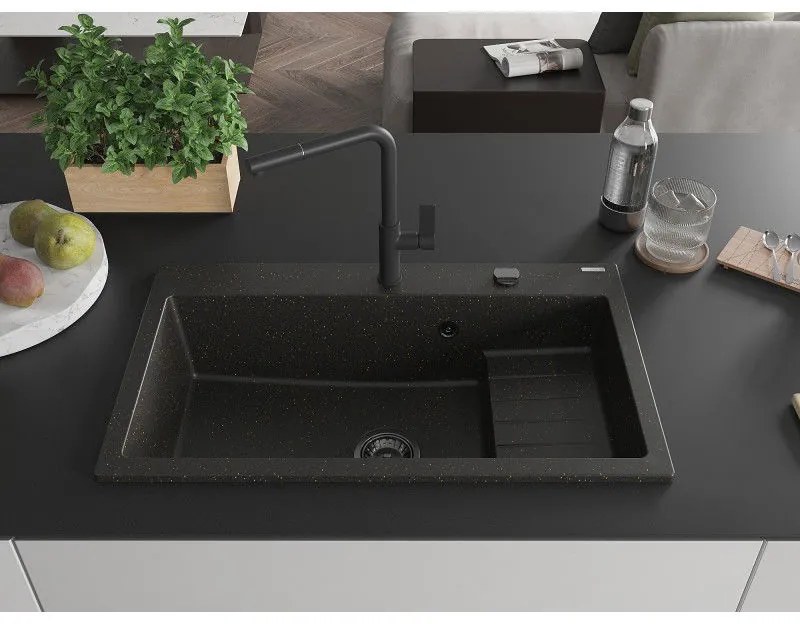 Mexen Omar, 1-komorový granitový drez 800x480x210 mm, čierna-zlatá metalíza, grafitový sifón, 6520801005-75-B