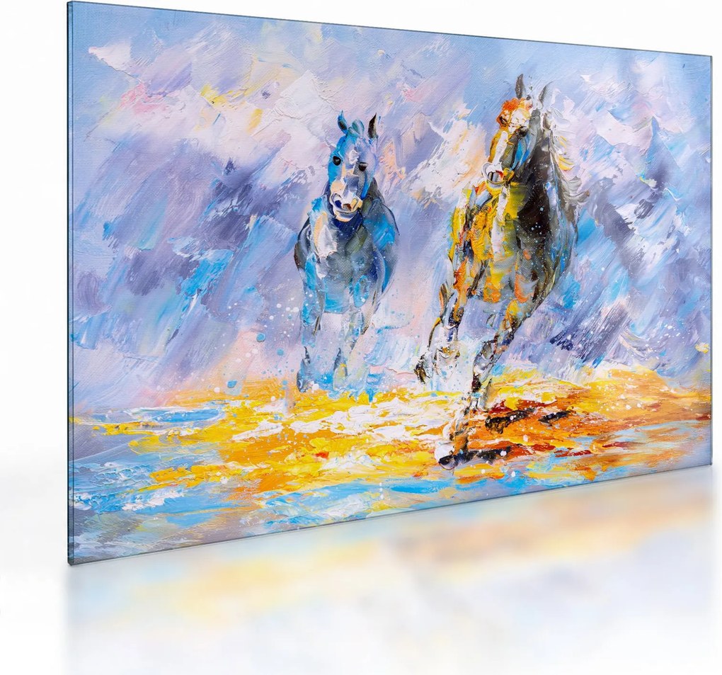Sklenený obraz bežiacich koňov, olejomaľba (70x50 cm)