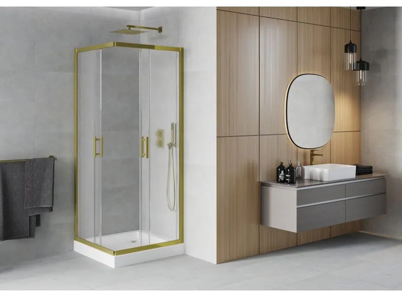 Mexen Rio, štvorcový sprchovací kút s posuvnými dverami 70(dvere) x 70(dvere) x 190 cm, 6mm sklo námraza, zlatý profil + biela sprchová vanička RIO, 860-070-070-50-30-4510