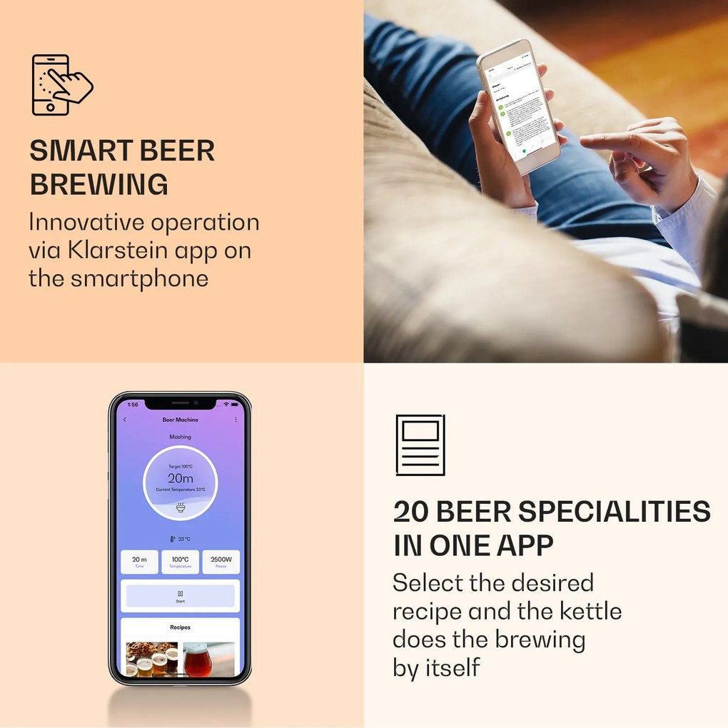 Klarstein Brauheld Smart 65, rmutovací kotol, 65 l, 2500 W, 100 °C, obehové čerpadlo, nehrdzavejúca oceľ