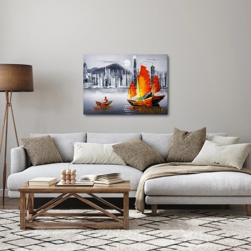 Obraz - Victoria Harbor, Hong Kong, čiernobiela olejomaľba (70x50 cm)