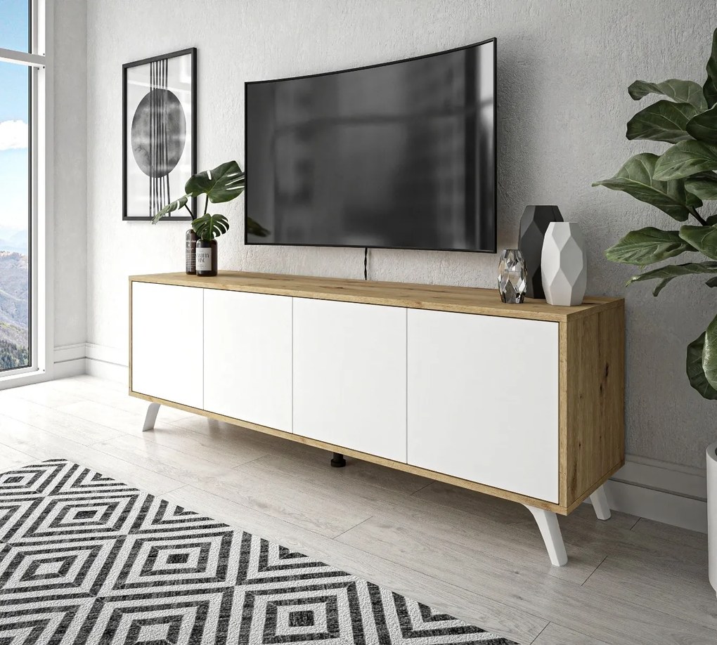 TV STOLÍK ALWIN DUB ARTISAN BIELY NA NOŽIČKÁCH 156 cm