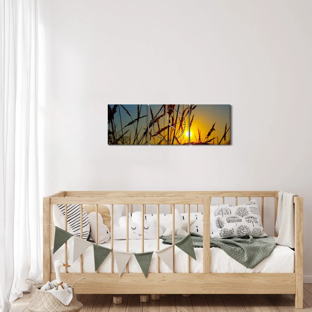Obraz - Západ slnka v lúke (s hodinami) (90x30 cm)