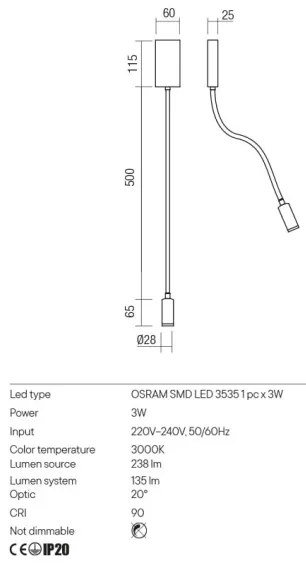 Redo 01-2754 - LED Flexibilná lampička WALLIE LED/3W/230V USB CRI 90 biela